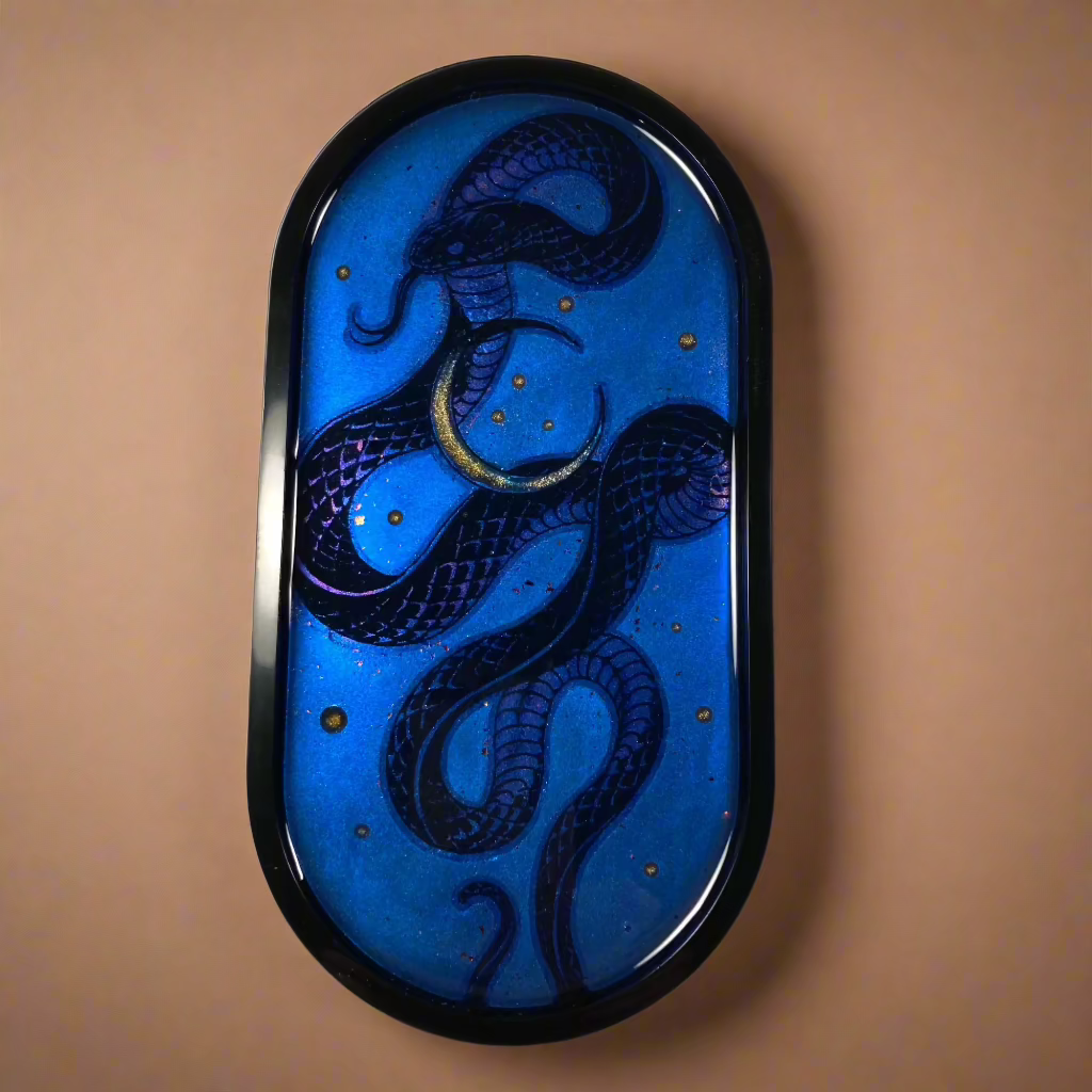 Trinket Tray, blue, black, snake, crescent moon, fantasy