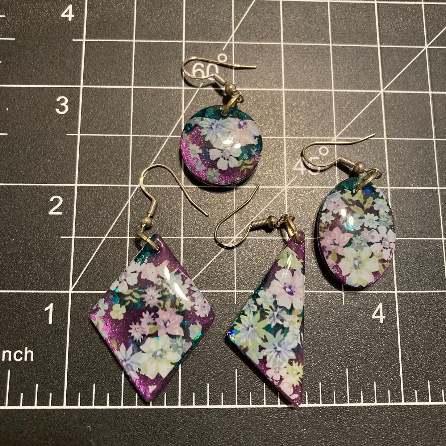 Floral drop earrings, blue and purple