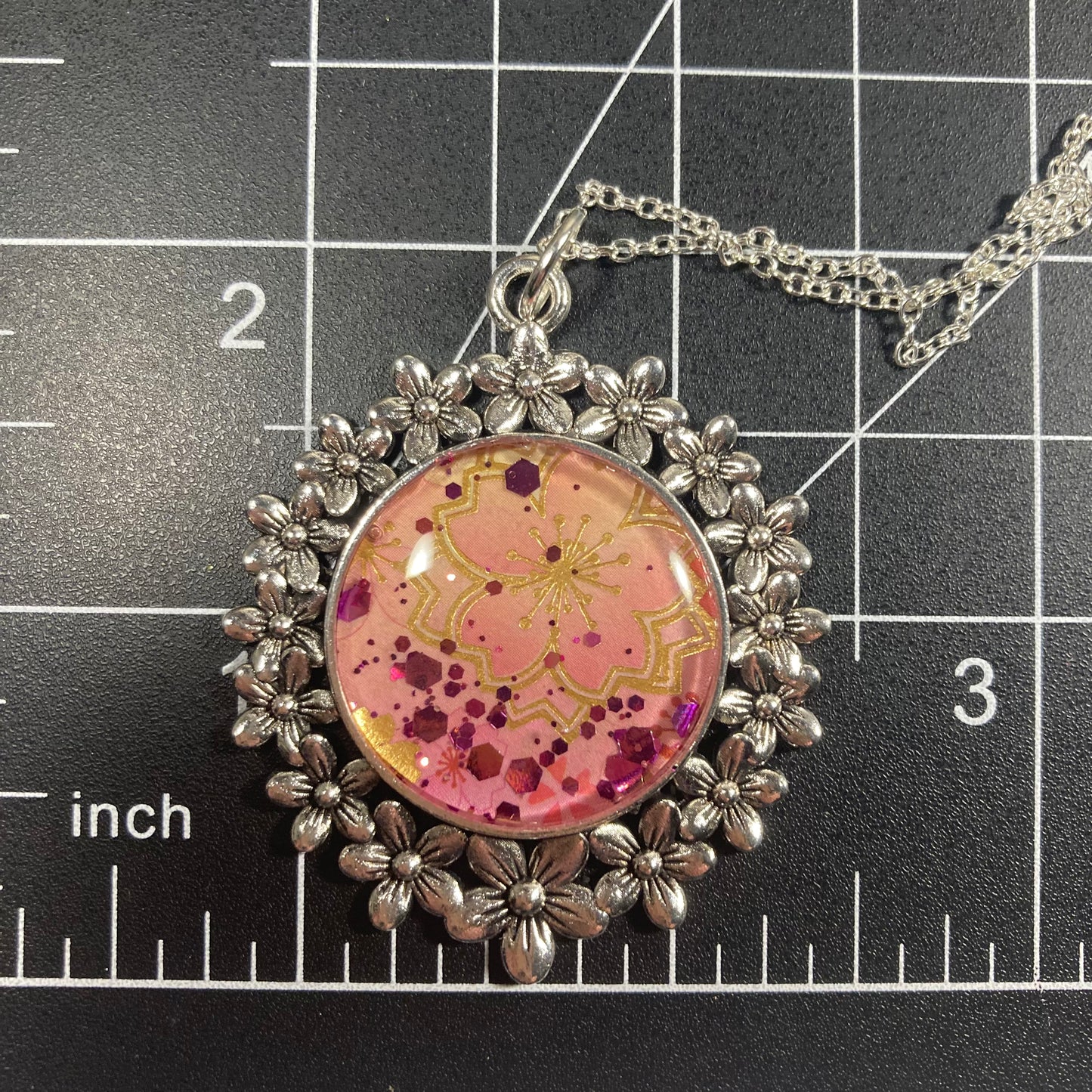 Necklace, pendant, pink poinsettia