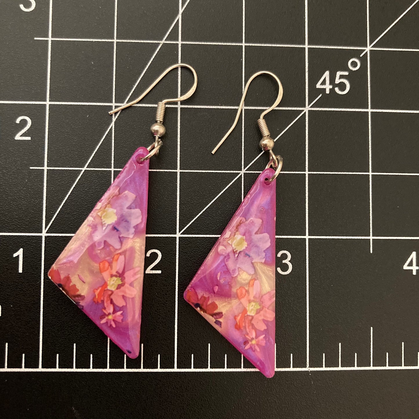 Floral drop earrings, purple