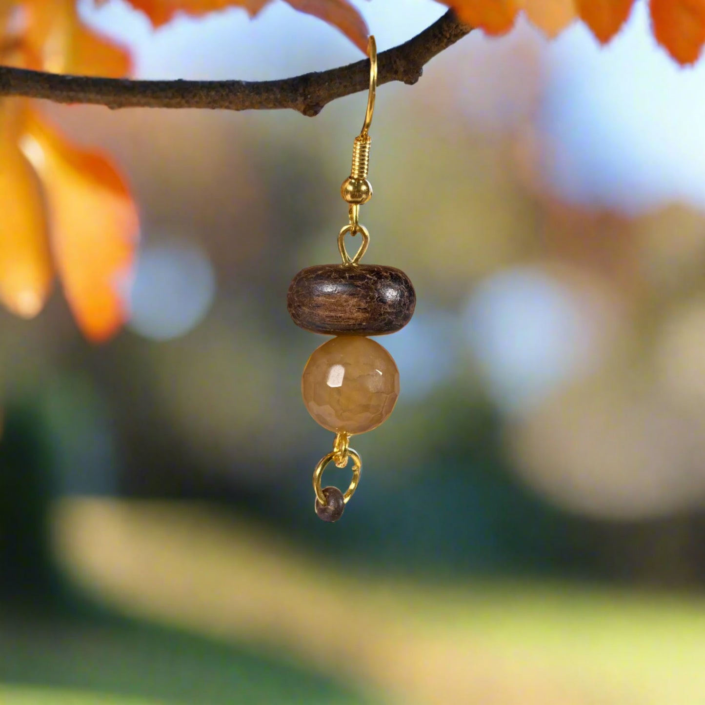 Drop earrings, wood and beads, fall vibes