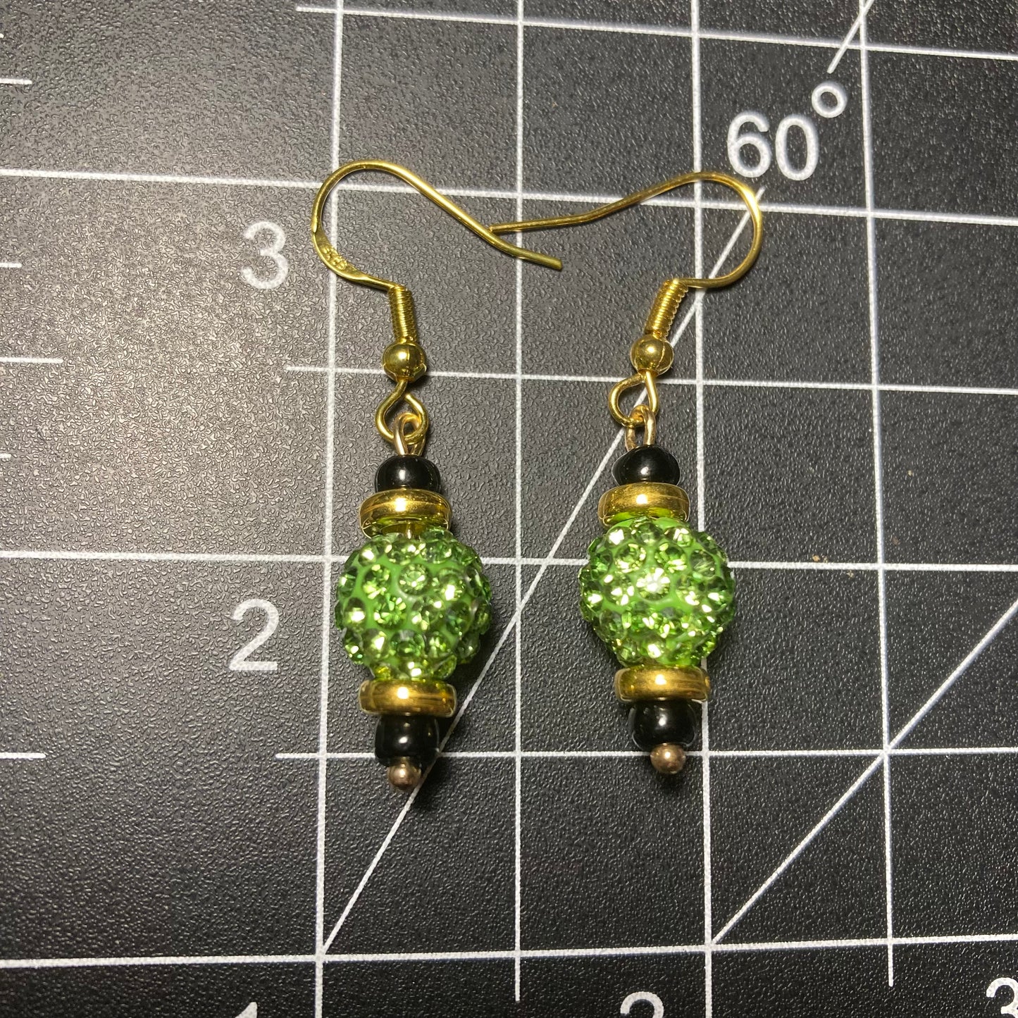 Drop Earrings, Green and Gold Glitter