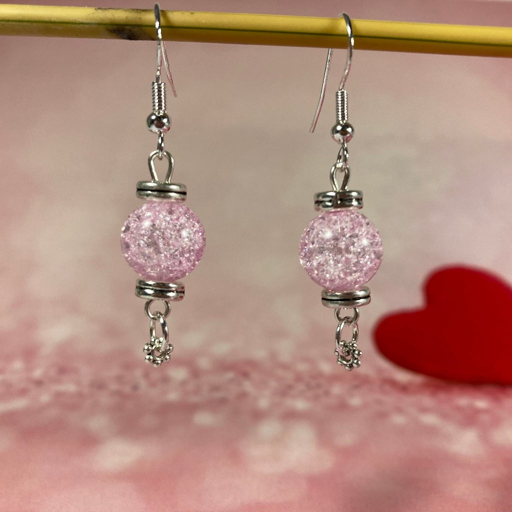 Dangle earrings, rose quartz with tiny flowers