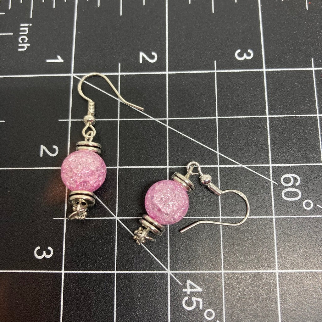 Dangle earrings, rose quartz with tiny flowers