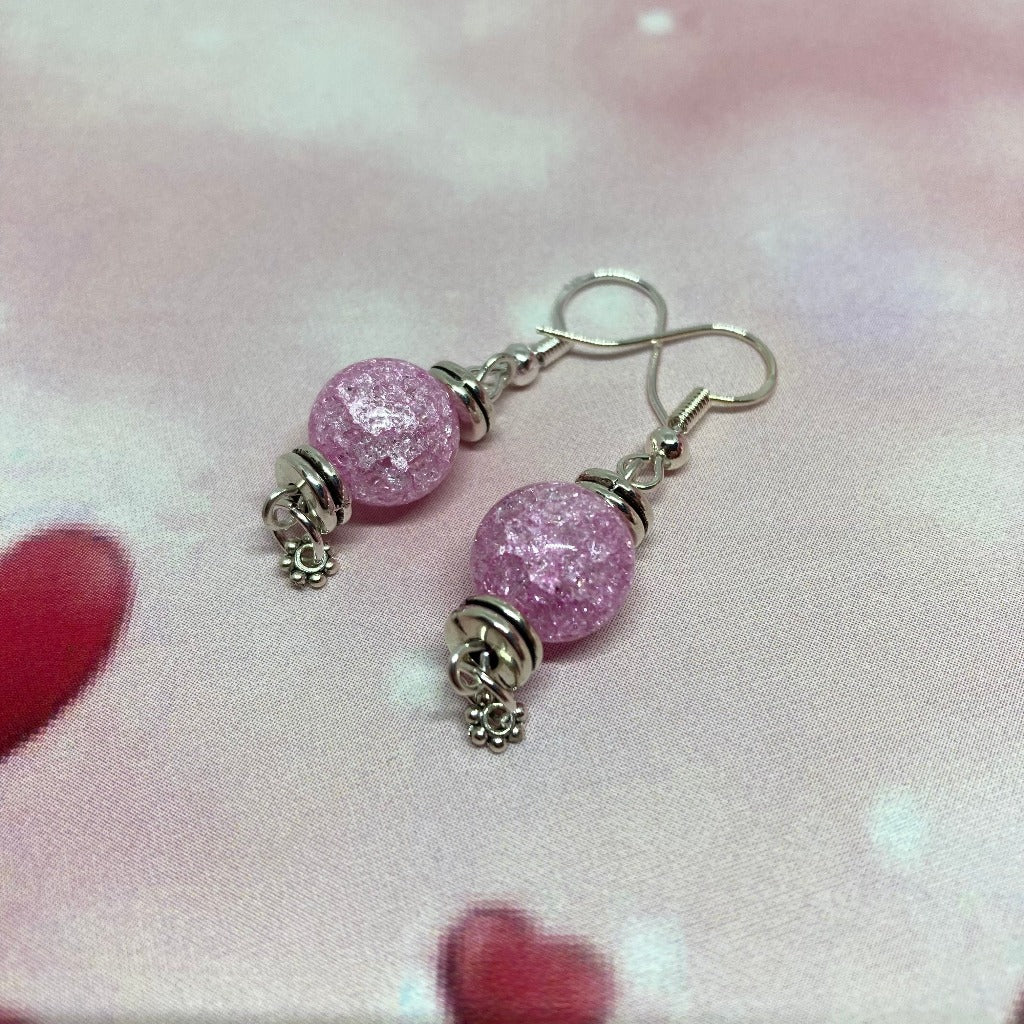 Dangle earrings, rose quartz with tiny flowers