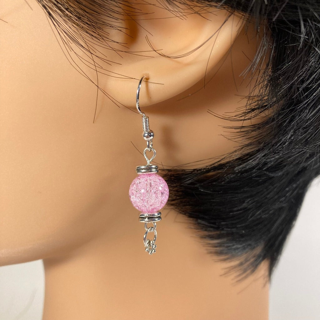 Dangle earrings, rose quartz with tiny flowers