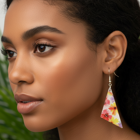 Floral drop earrings, white, red, yellow, blue