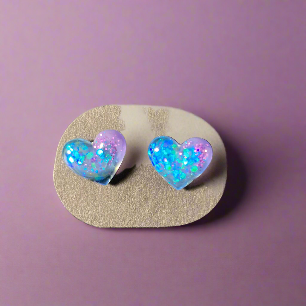 Heart stud earrings, small, blues
