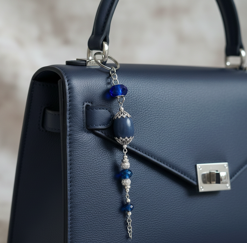 Bag charm, beaded, royal blue
