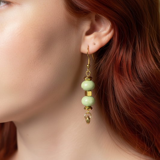 Drop Earrings, Oval Green Marble
