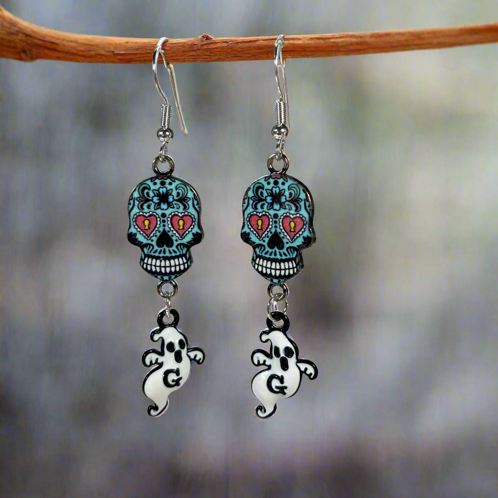 Sugar Skull Earrings with Ghost