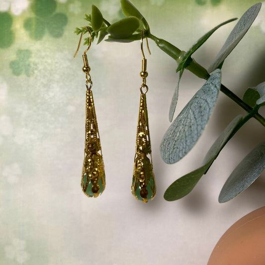 Translucent Green Beads in Golden Filigree Dangle Earrings