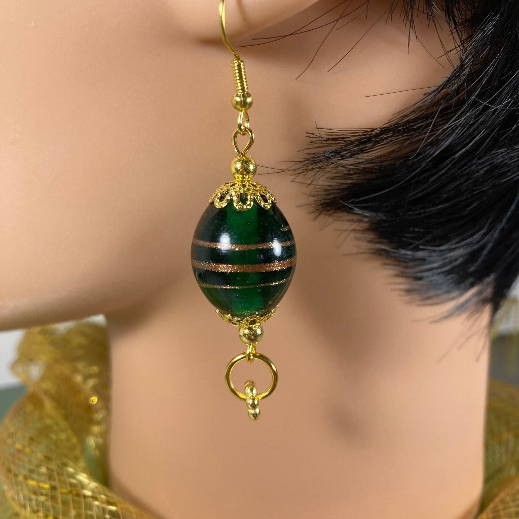 Dark Green & Gold Classy Drop Earrings