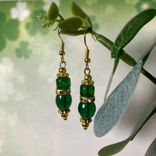 Elegant Green Glass Bead Drop Earring with Rhinestones