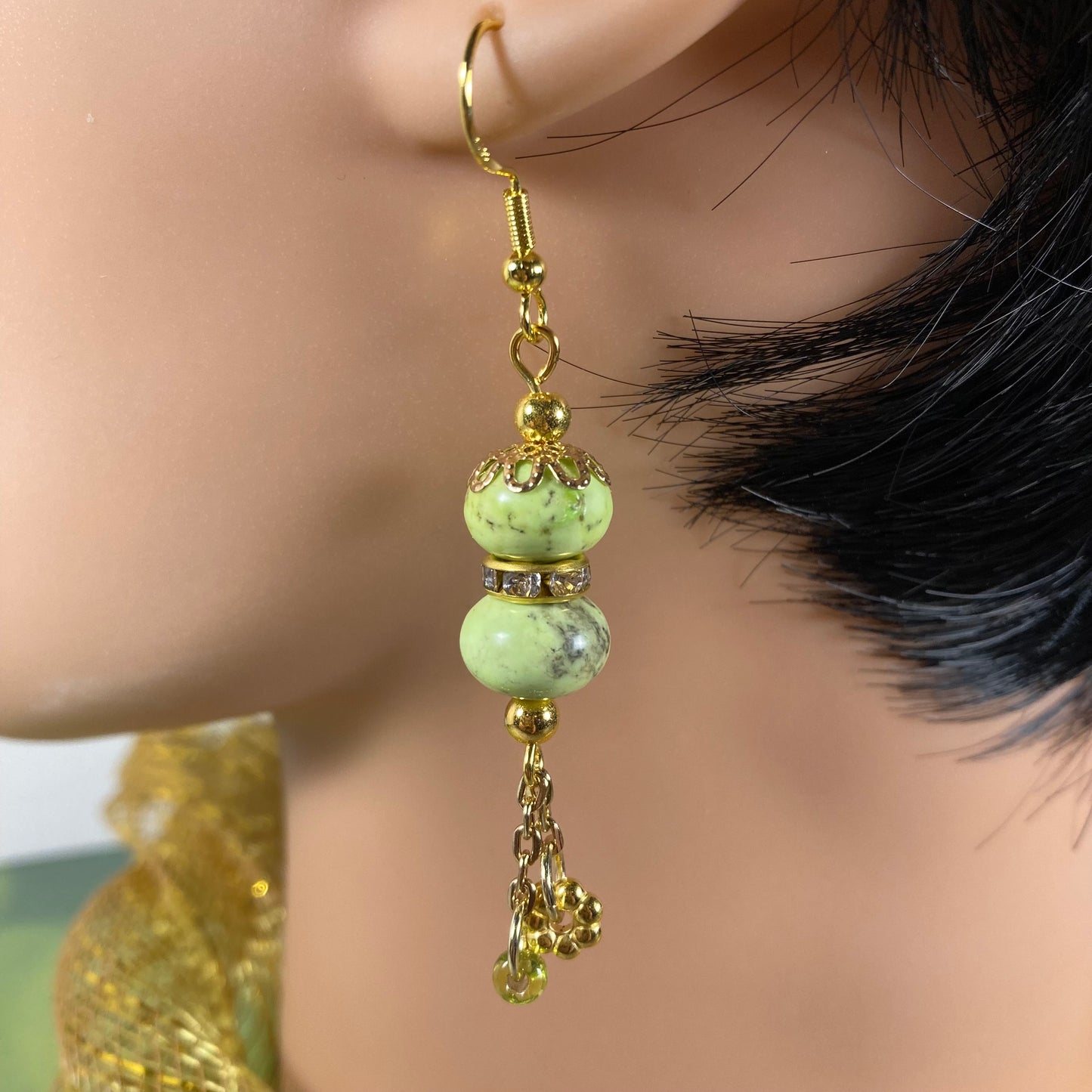 Green Marble Dangle Earrings with Golden Chains