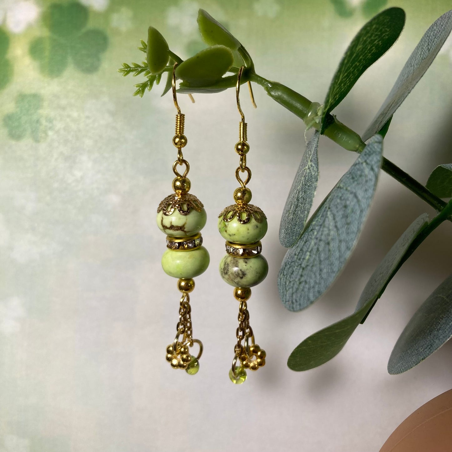 Green Marble Dangle Earrings with Golden Chains