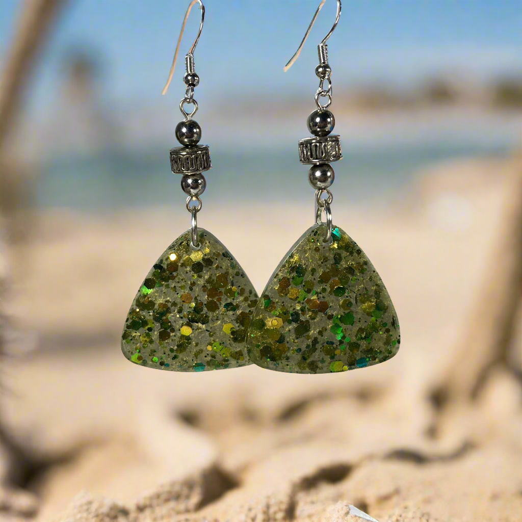 Green guitar pick earrings