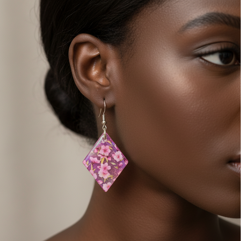 Floral drop earrings, pink