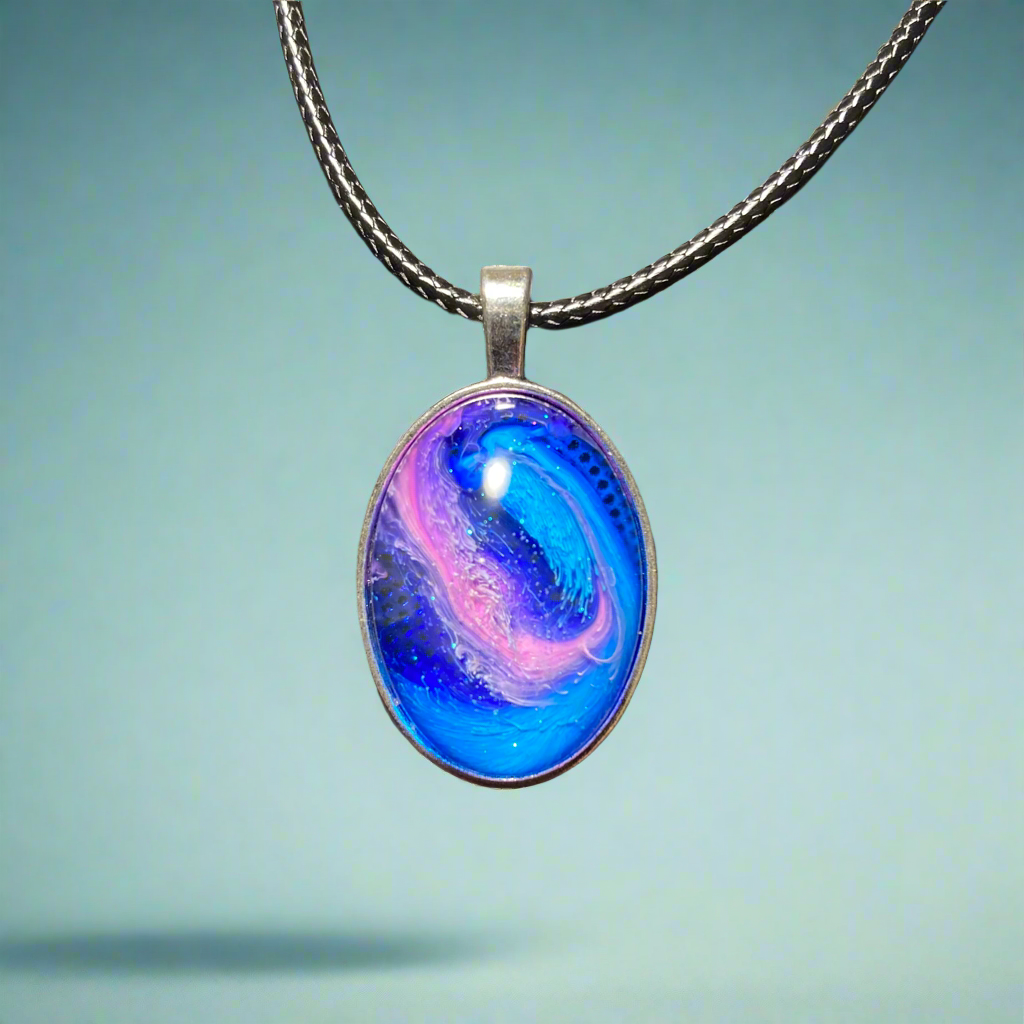 Galaxy necklace, pink & blue, small oval