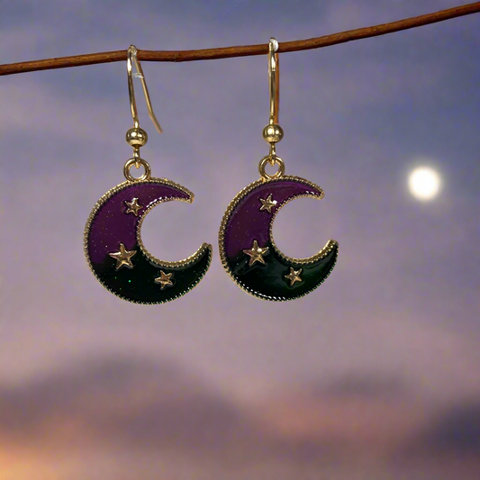 Green & Purple Moon Earrings