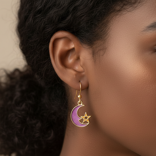 Moon Earrings, purple with a star