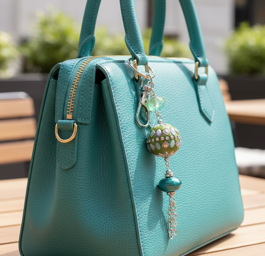 Bag charm, beaded, green