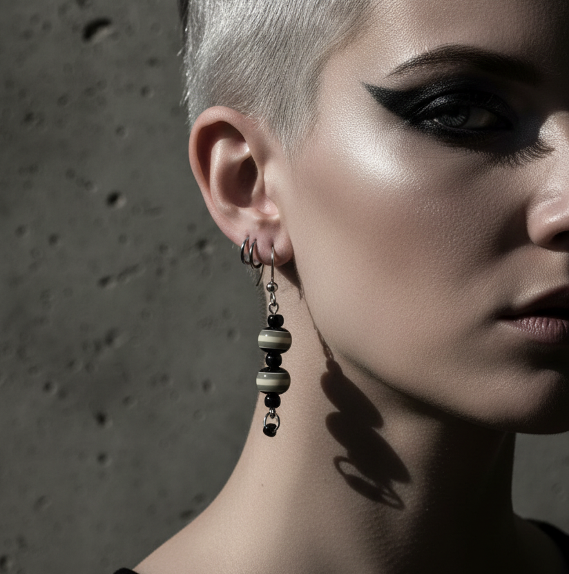 Beaded dangle earrings with black, white and gray stripes