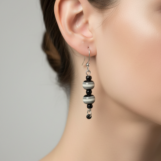 Beaded dangle earrings with black, white and gray stripes