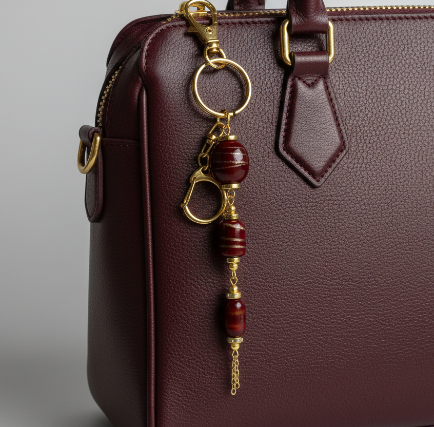 Bag charm, beaded, red