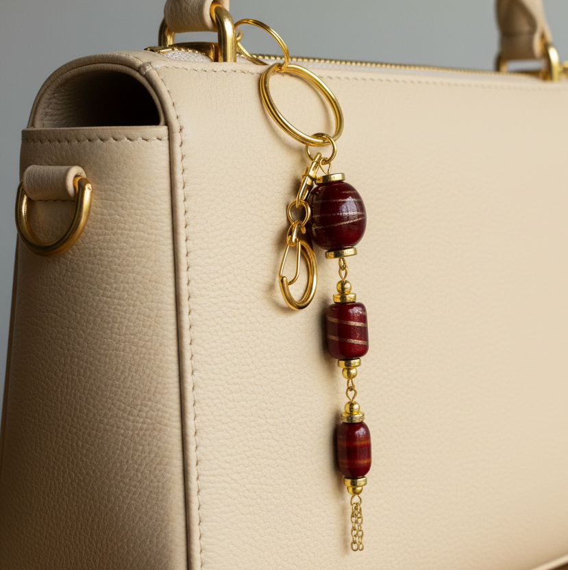 Bag charm, beaded, red