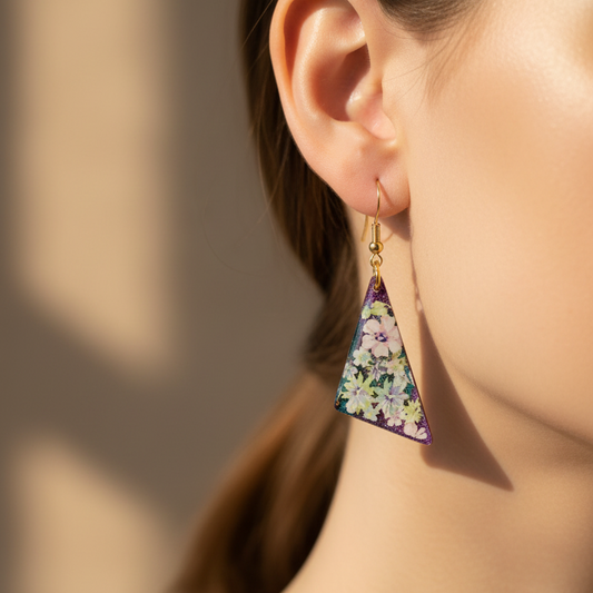 Floral drop earrings, blue and purple