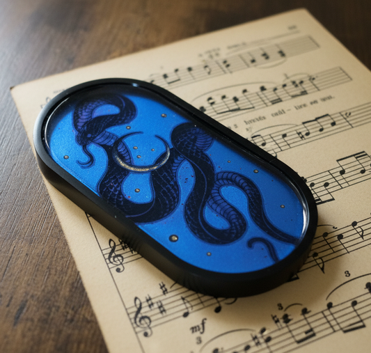 Trinket Tray, blue, black,  snake, crescent moon, fantasy