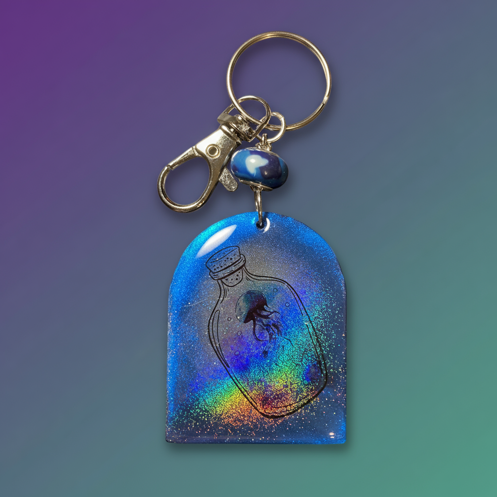 Bag charm, keychain, jellyfish in a bottle