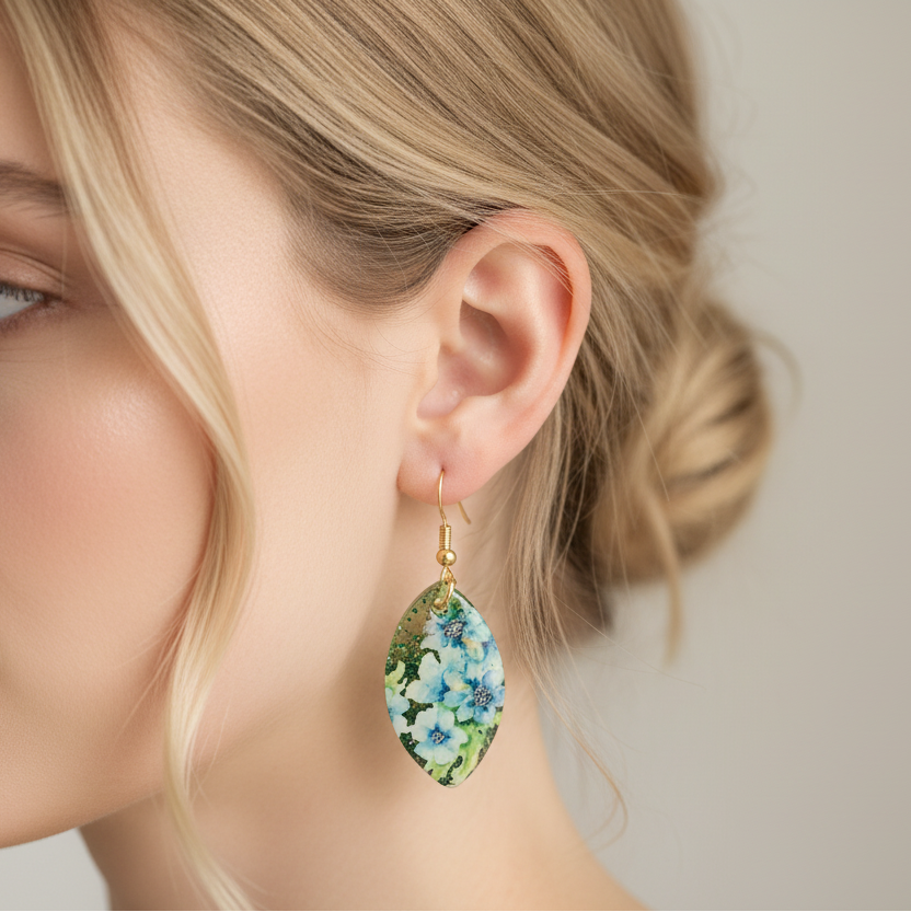 Floral drop earrings, green and blue