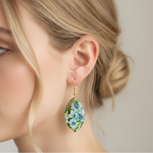 Floral drop earrings, green and blue