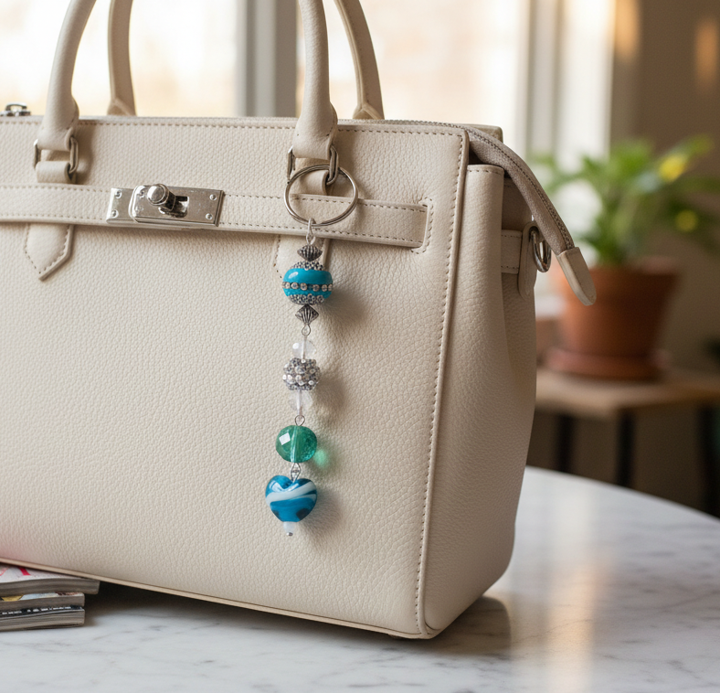 Bag charm, beaded, blue