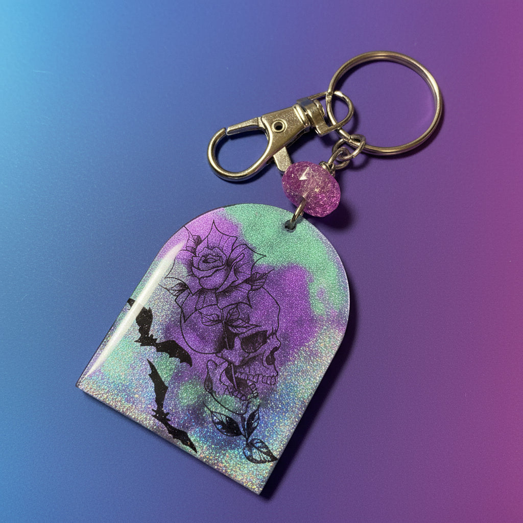 Bag charm, keychain, bars skull and flower