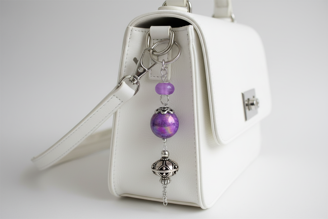 Bag charm, beaded, purple