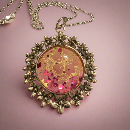 Necklace, pendant, pink poinsettia