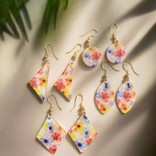 Floral drop earrings, white, red, yellow, blue