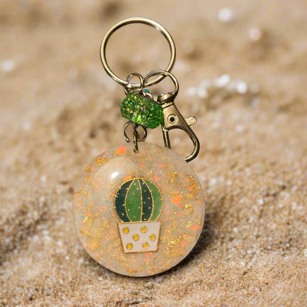 Keychain, bag charm, round, cactus