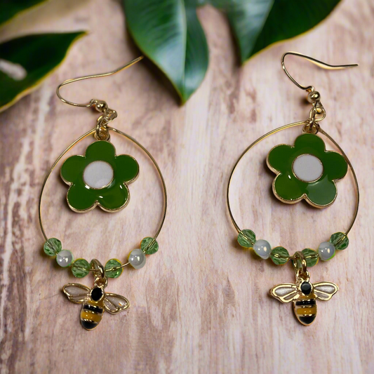Flower hoop earrings with bee