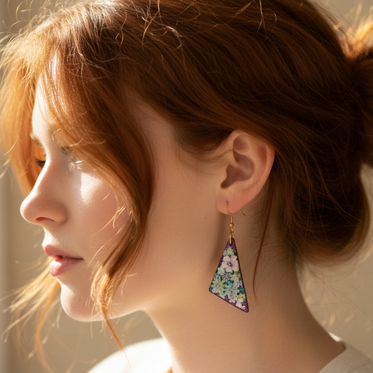 Floral drop earrings, blue and purple