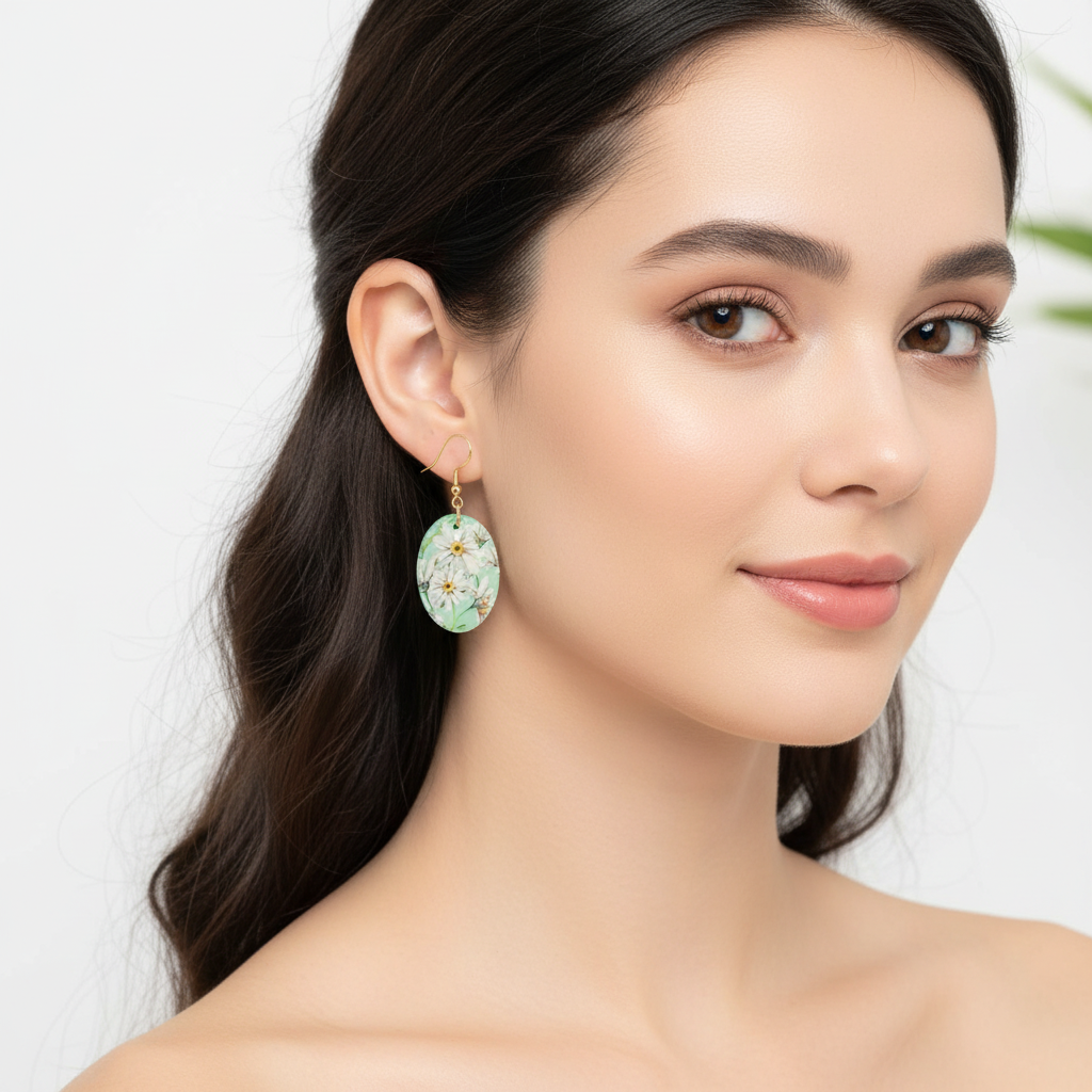 Floral drop earrings, white, green