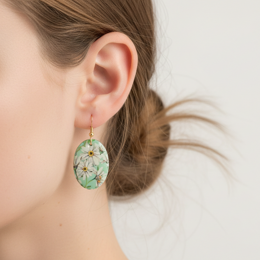 Floral drop earrings, white, green