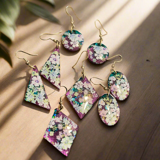 Floral drop earrings, blue and purple