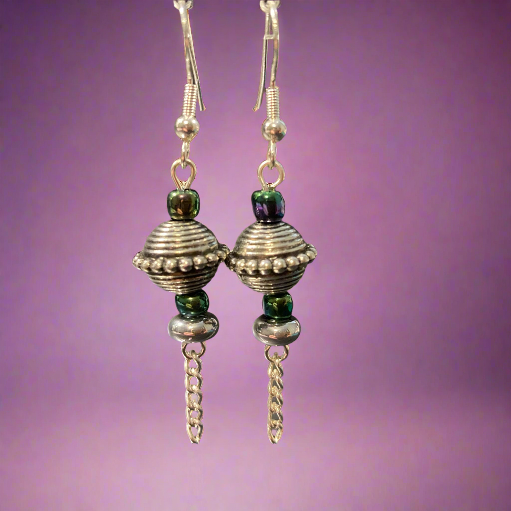 Silver earrings with chameleon colored beads and chains