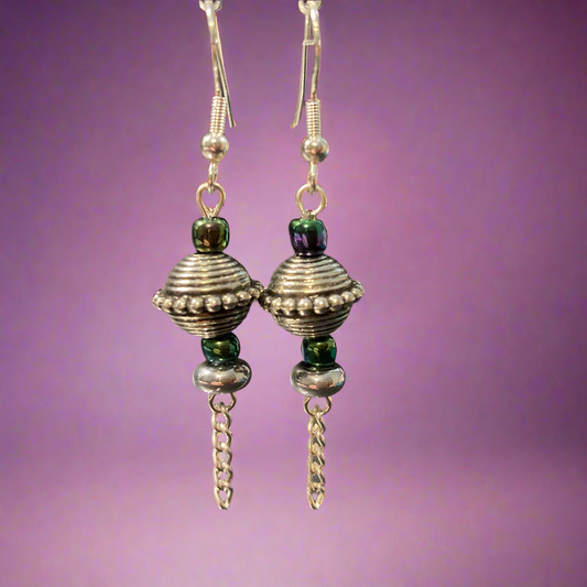 Silver earrings with chameleon colored beads and chains