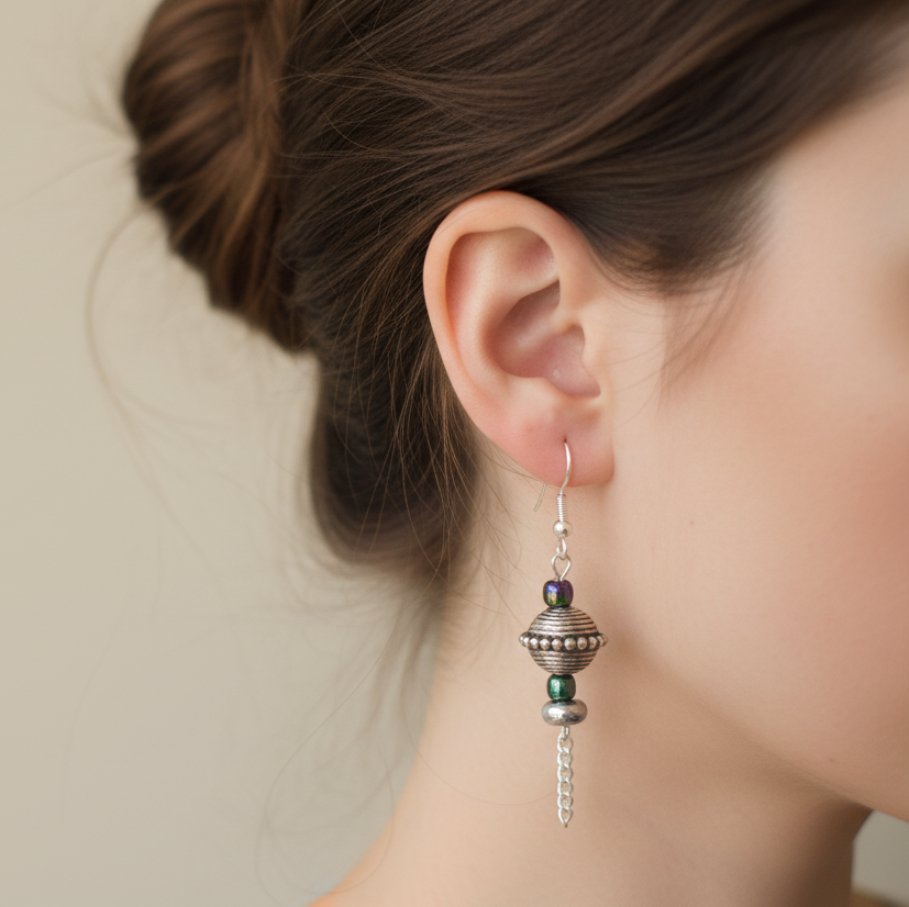 Silver earrings with chameleon colored beads and chains