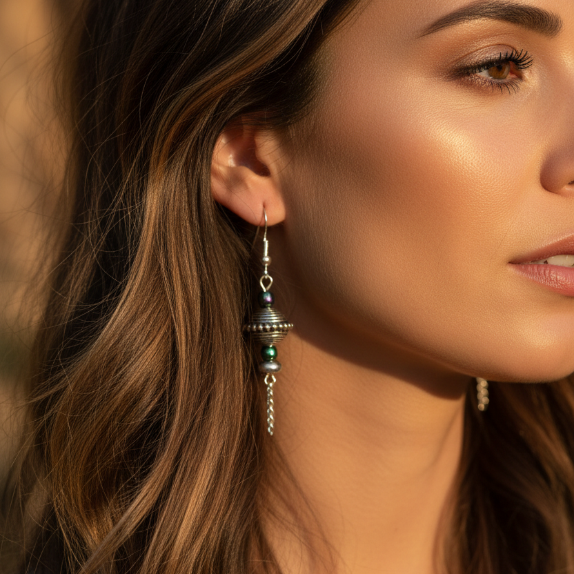 Silver earrings with chameleon colored beads and chains
